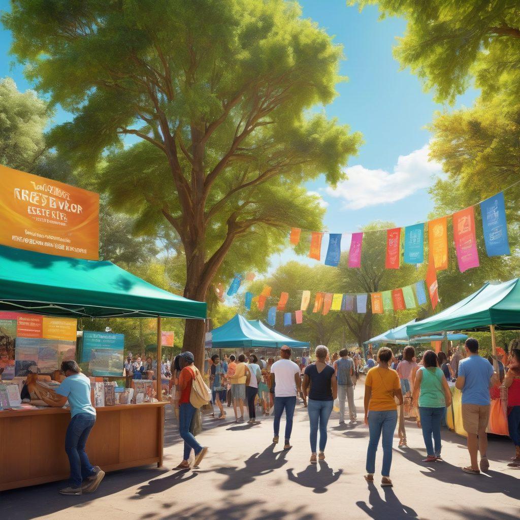 A vibrant community gathering in a lively park setting with diverse groups of people engaging in discussions and sharing information. Include a lively information booth decorated with colorful flyers and banners showcasing local events. In the background, trees and a sunny sky add warmth to the atmosphere. Emphasize the sense of connection and collaboration among community members. super-realistic. vibrant colors. 3D.