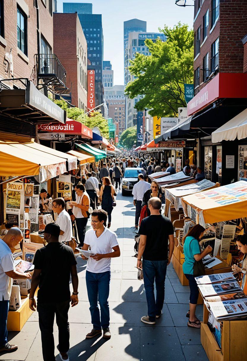 A vibrant cityscape with diverse people engaging in various activities, surrounded by local newsstands and digital screens displaying headlines. Incorporate elements like community gatherings and local events, showcasing a sense of connection and engagement among residents. The scene should evoke a feeling of belonging and information sharing, with warm, inviting colors and lively interaction. super-realistic. bright colors. urban environment.