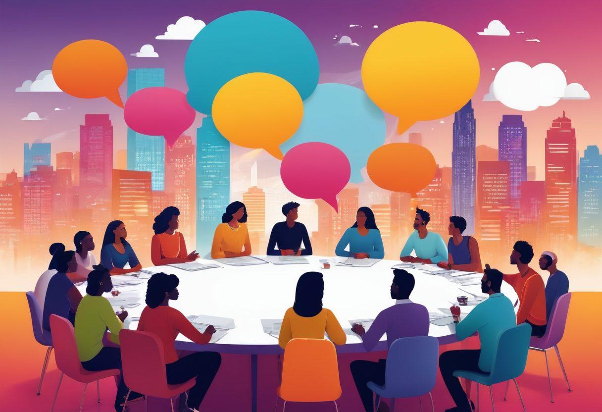 A dynamic digital illustration featuring diverse people sitting around a large round table engaged in animated discussions, with speech bubbles popping up containing various social topics and icons of civic engagement. The background should include a cityscape skyline symbolizing community. Incorporate vibrant colors to depict a lively atmosphere, and ensure the scene is inviting and warm. Vector art. vibrant colors. bright background.
